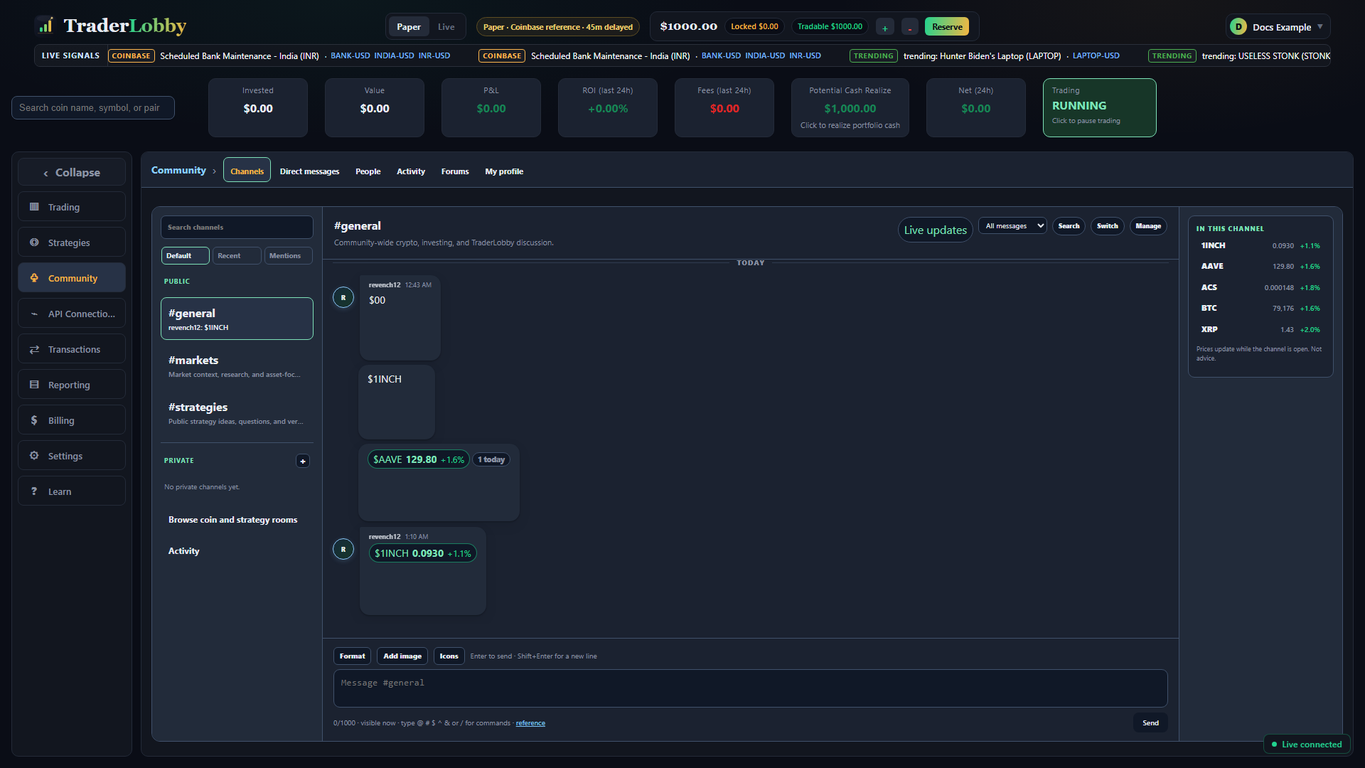Actual TraderLobby Community Channels screen with Community navigation, channel rail, message history, and composer