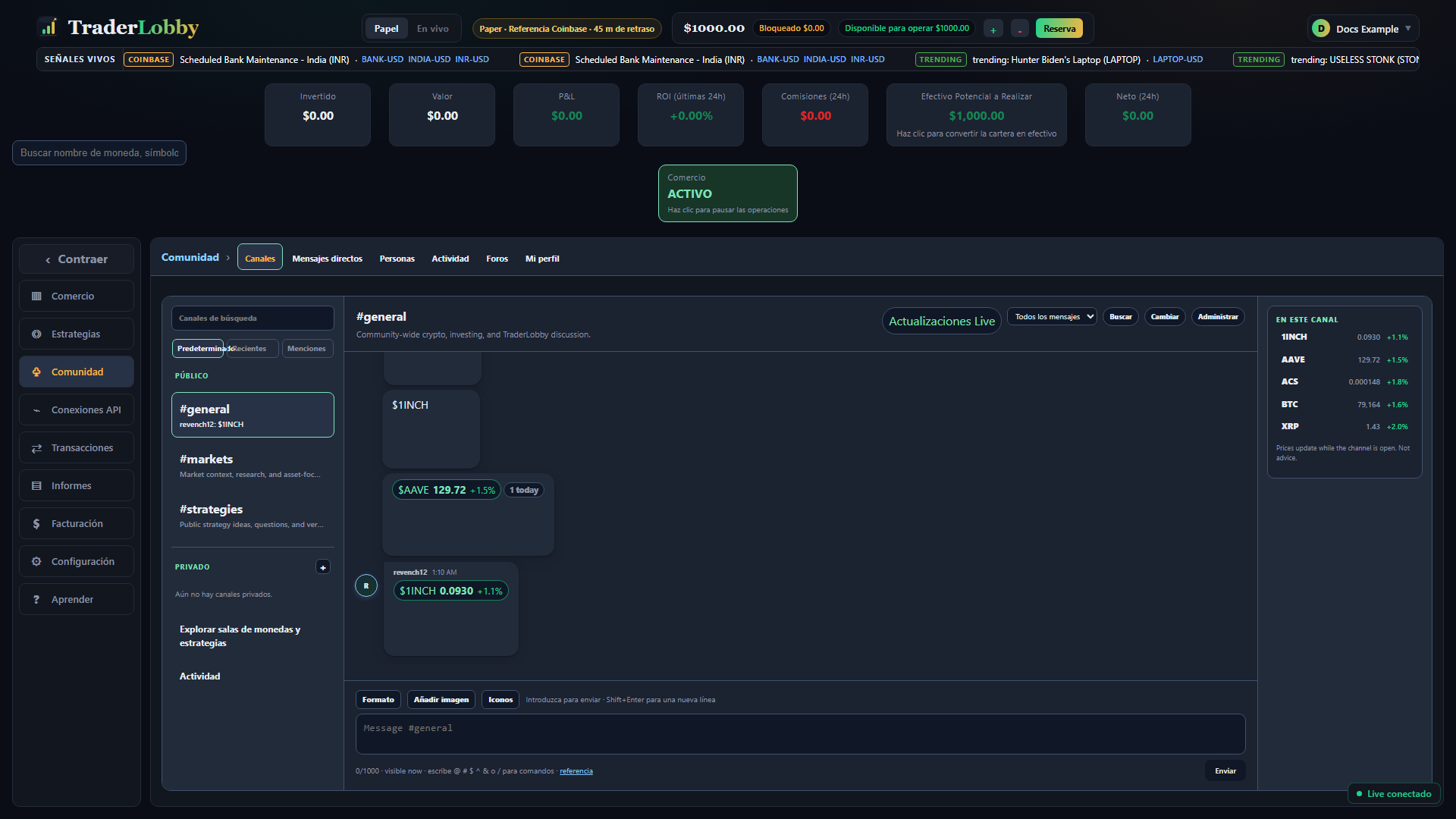 Pantalla real de Canales de Comunidad en TraderLobby con navegación, lista de canales, historial y editor de mensajes