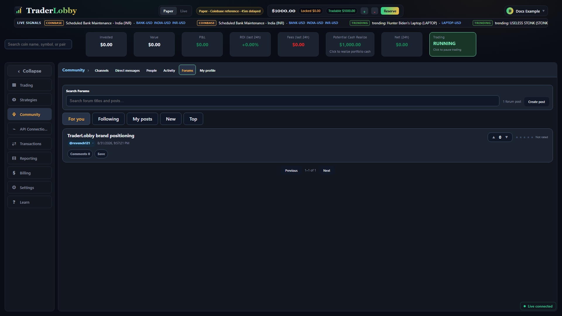 Actual TraderLobby Forums screen with search, filters, post controls, and Community navigation