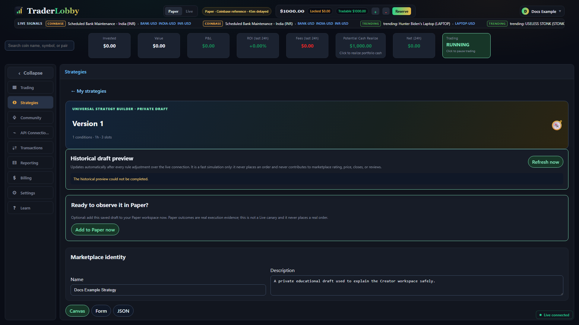 Actual Universal Strategy Builder in Canvas mode
