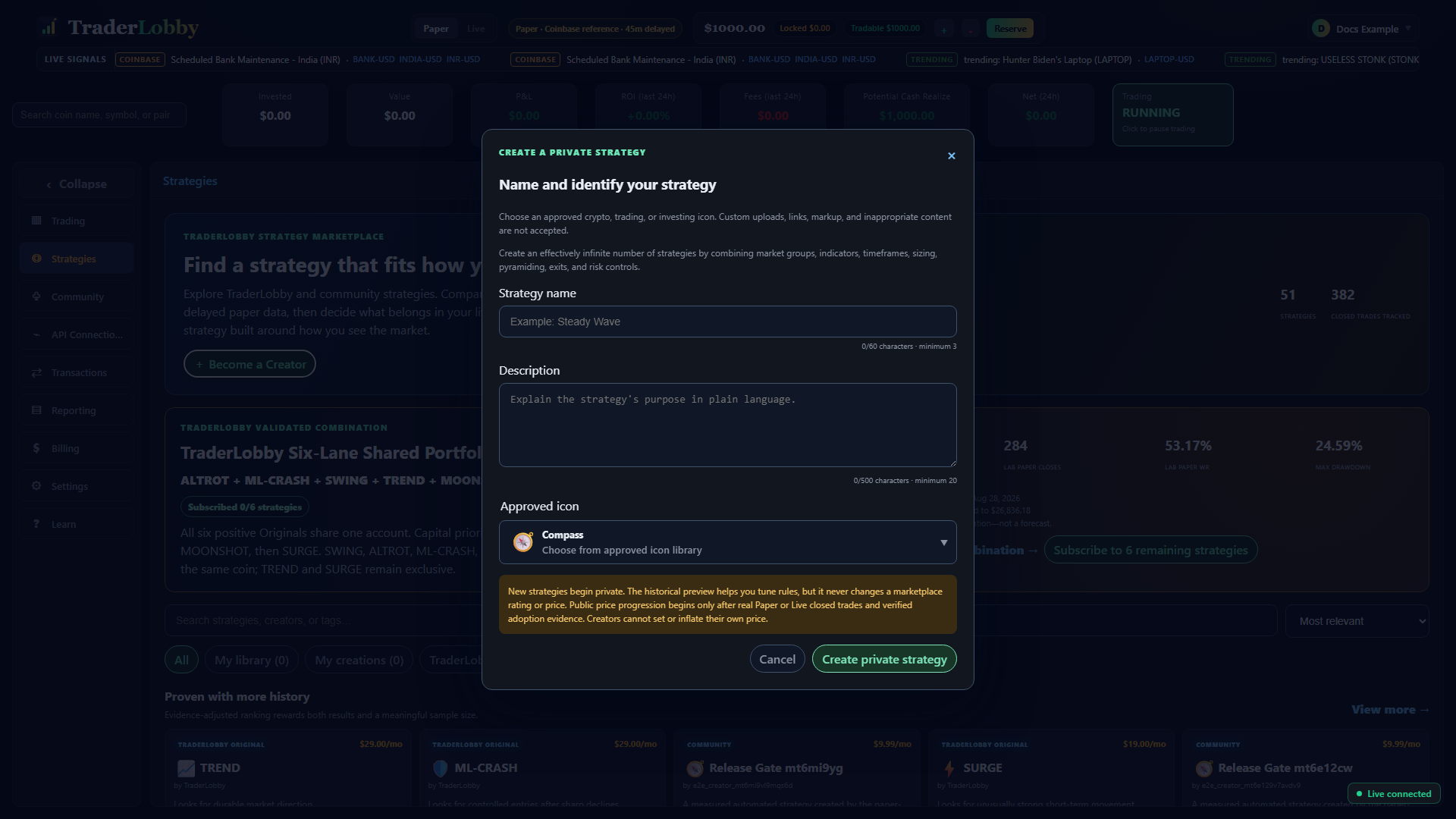 Actual Create strategy dialog with name, description, approved icon, and private-draft notice