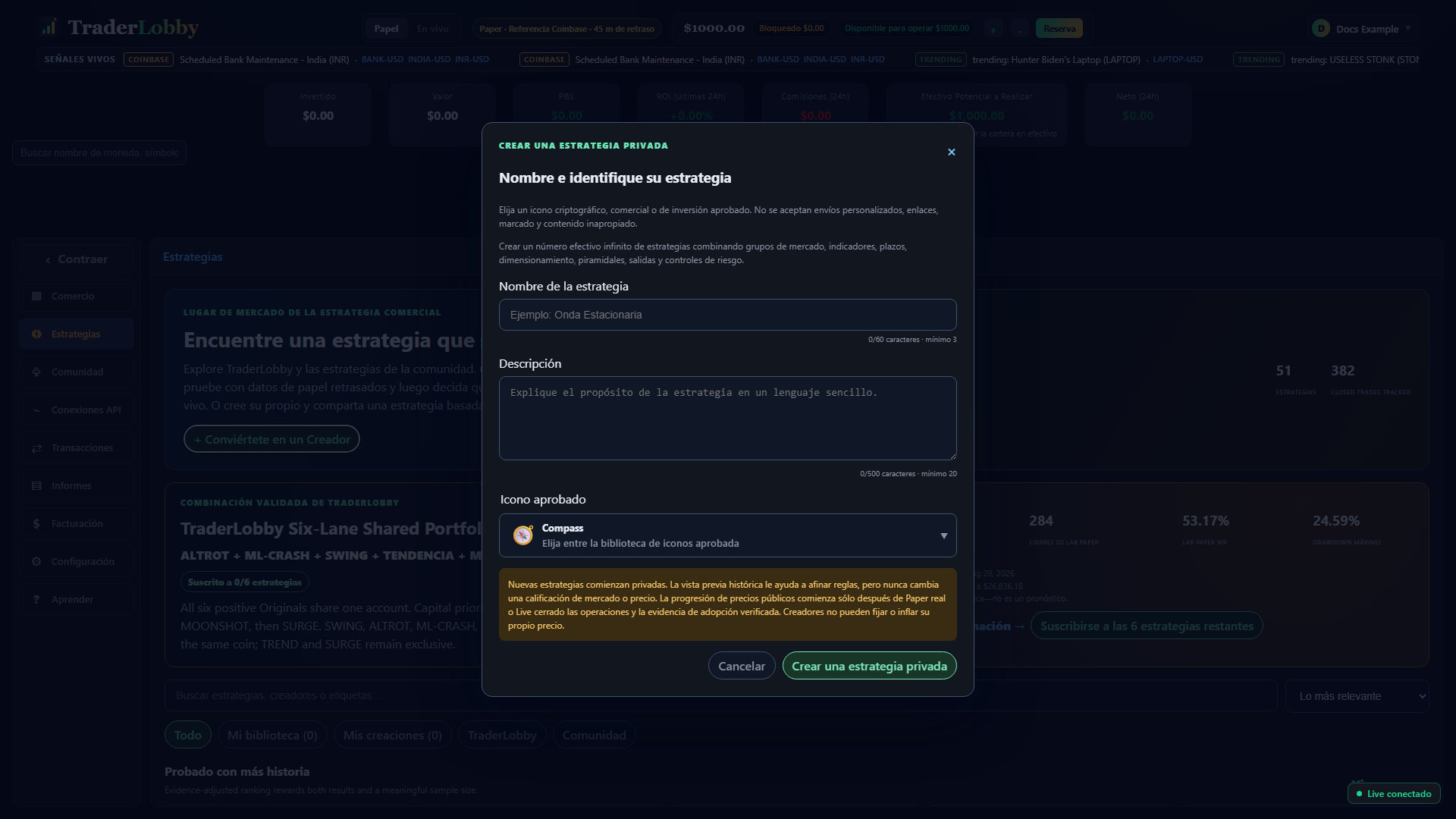 Diálogo real para crear una estrategia con nombre, descripción, icono aprobado y aviso de borrador privado