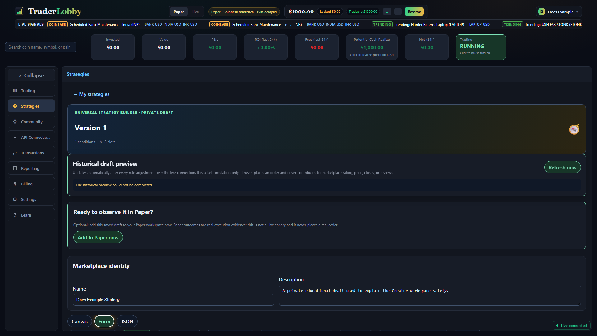 Actual Universal Strategy Builder in Form mode with section tabs and precise fields