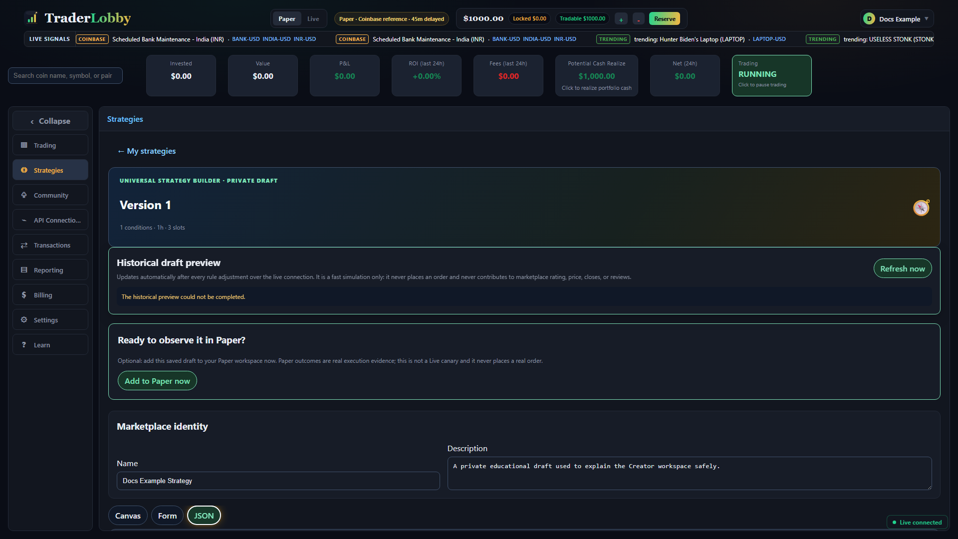 Actual Universal Strategy Builder in JSON mode with formatting, copy, export, import, validation, and apply controls