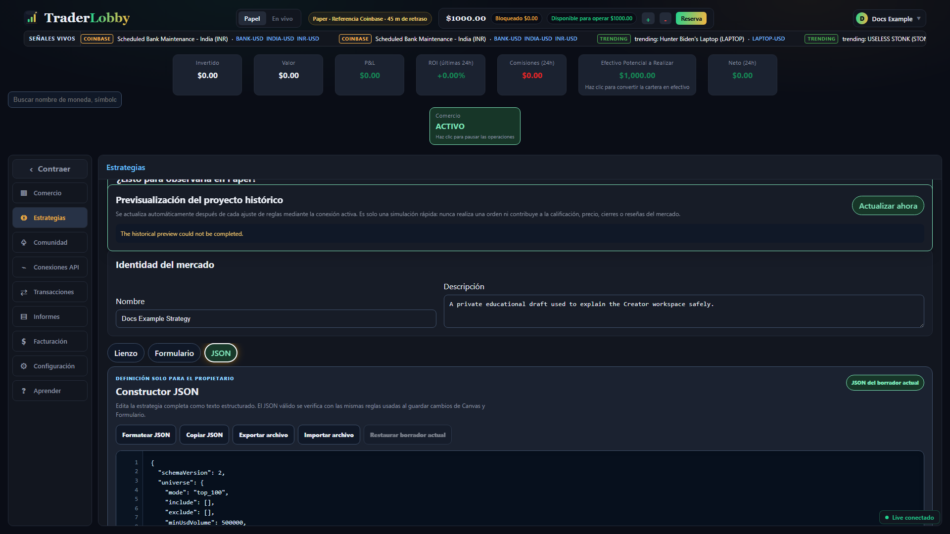 Universal Strategy Builder real en modo JSON con formato, copia, exportación, importación, validación y aplicación