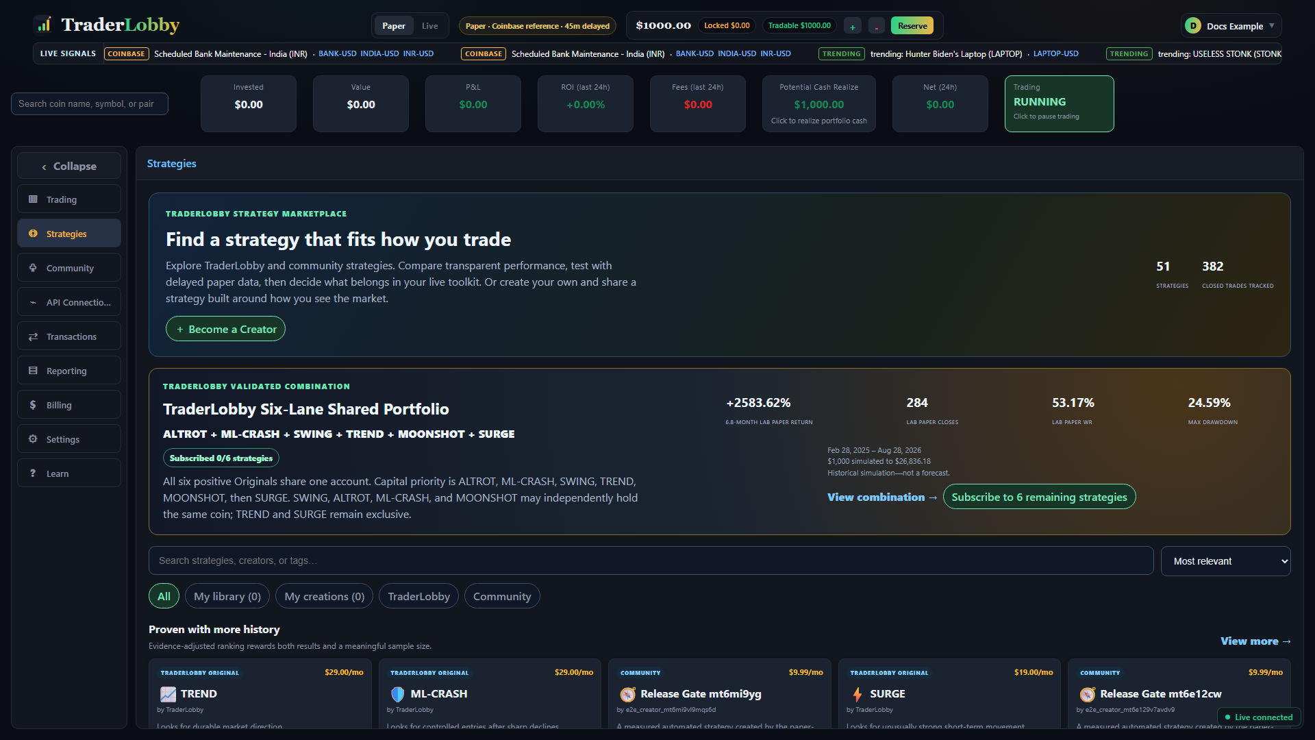 Actual TraderLobby Strategies Marketplace showing the Become a Creator entry point