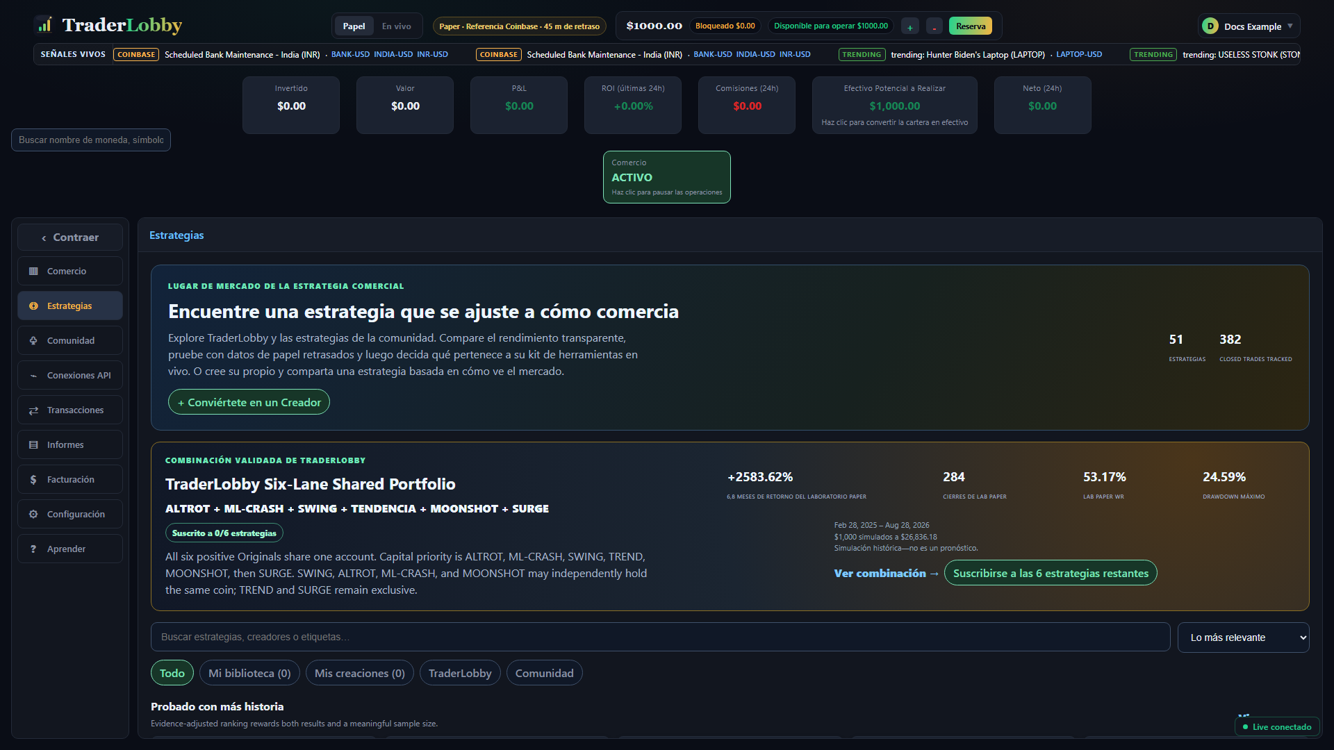 Marketplace real de Estrategias de TraderLobby con la opción Become a Creator