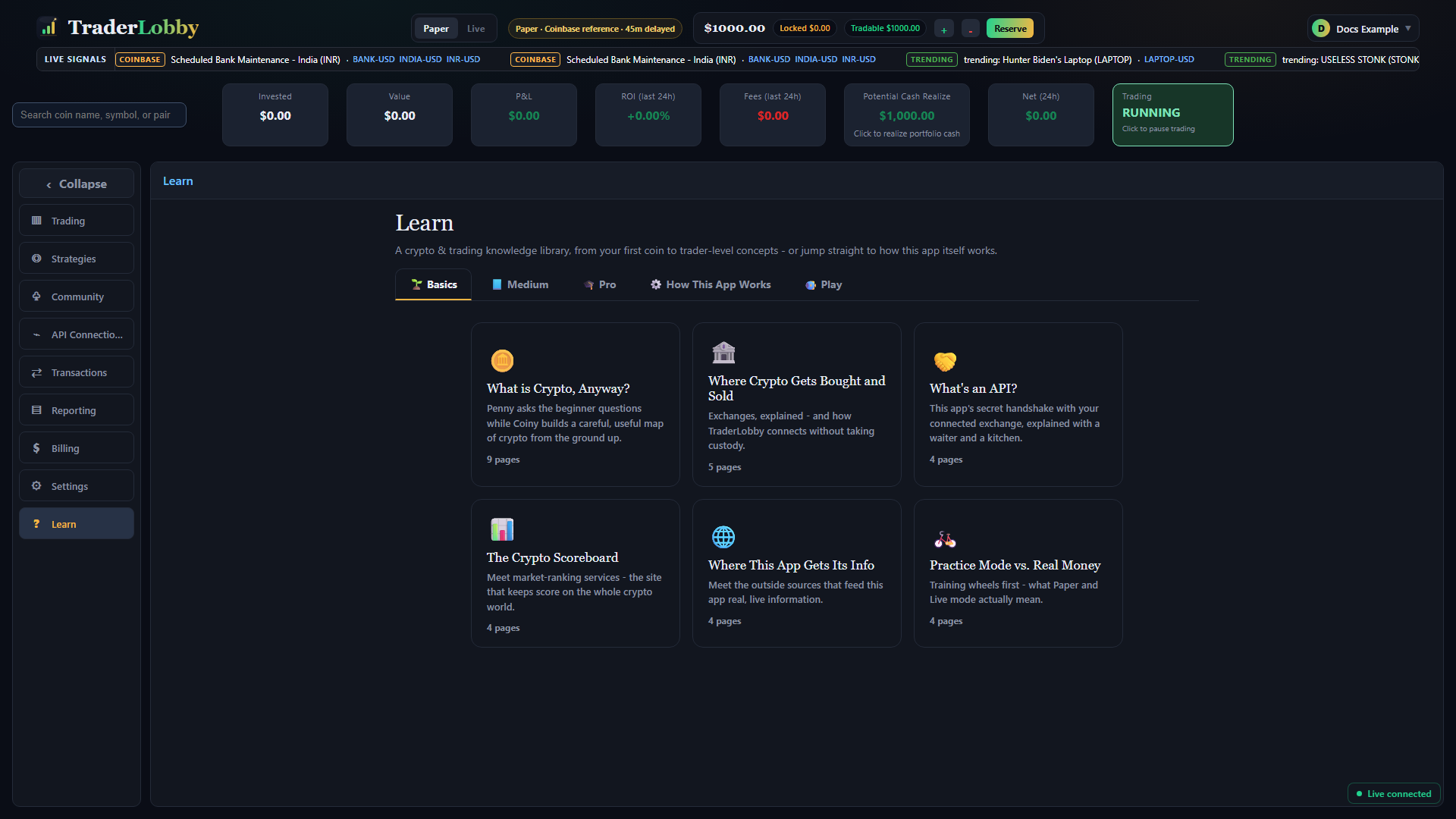 Actual TraderLobby Learn library showing learning tabs and chapter cards