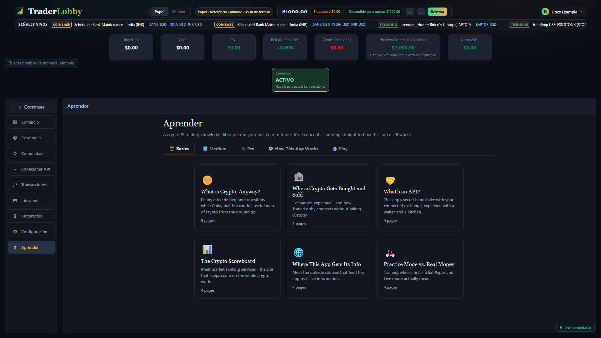Biblioteca real de Aprender en TraderLobby con pestañas y tarjetas de capítulos