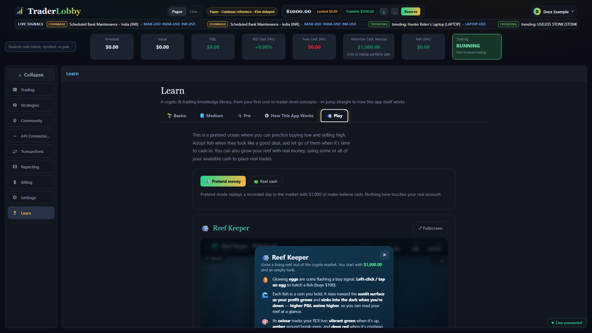 Actual TraderLobby Play tab showing Reef Keeper in Pretend money mode