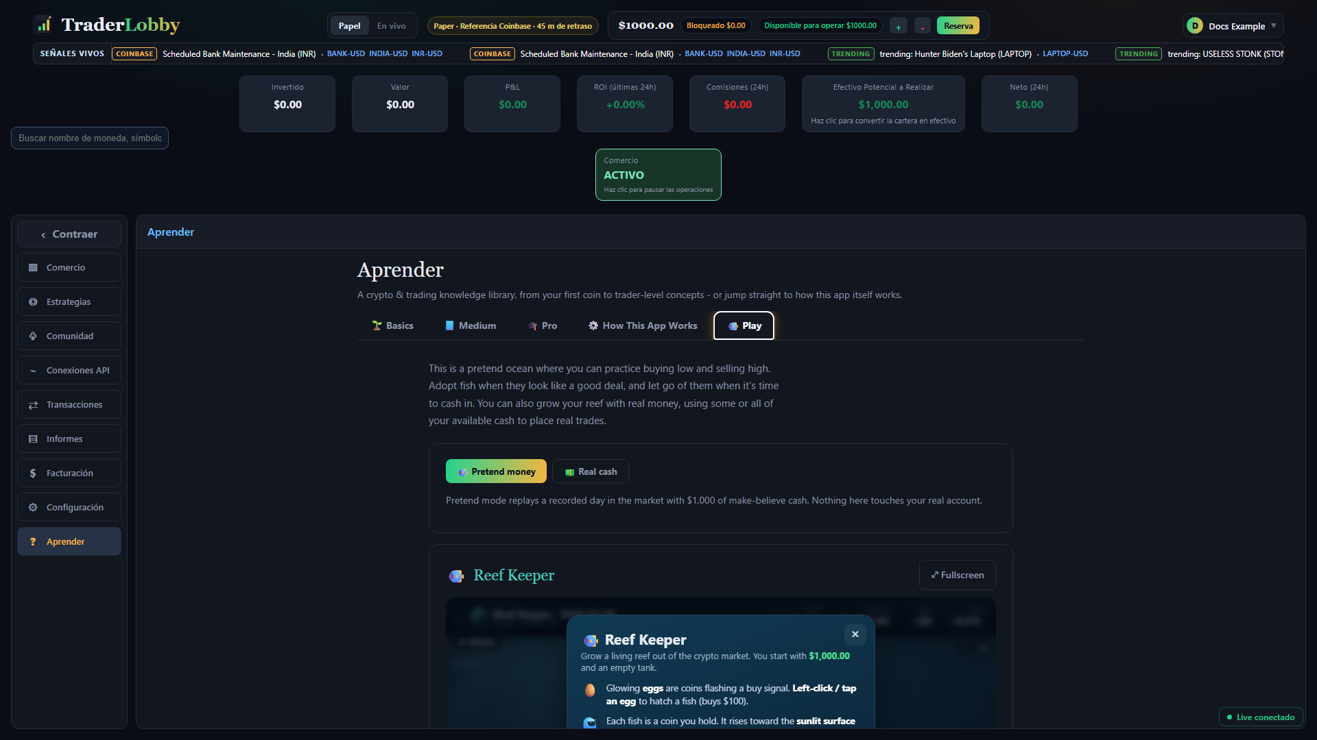 Pestaña Jugar real de TraderLobby con Reef Keeper en Dinero ficticio