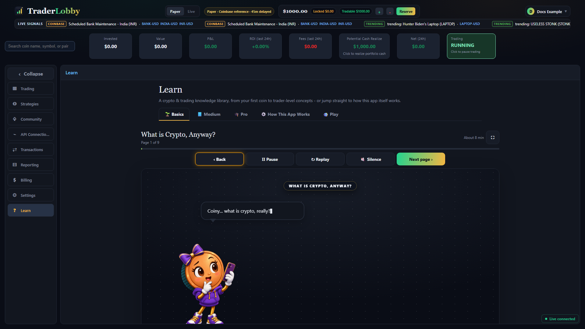 Actual TraderLobby lesson player showing chapter title, progress, controls, animated scene, and transcript