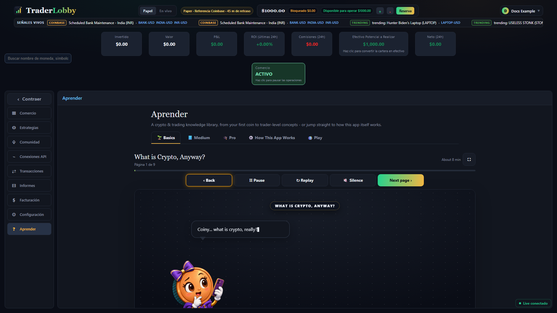 Reproductor real de TraderLobby con título, progreso, controles, escena animada y transcripción