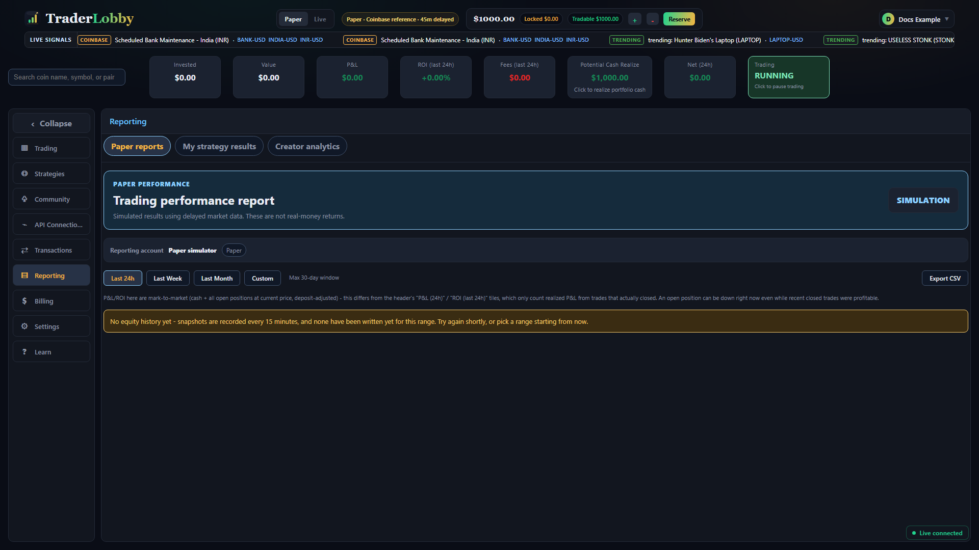 Actual TraderLobby Reporting page with period controls, performance summaries, and charts