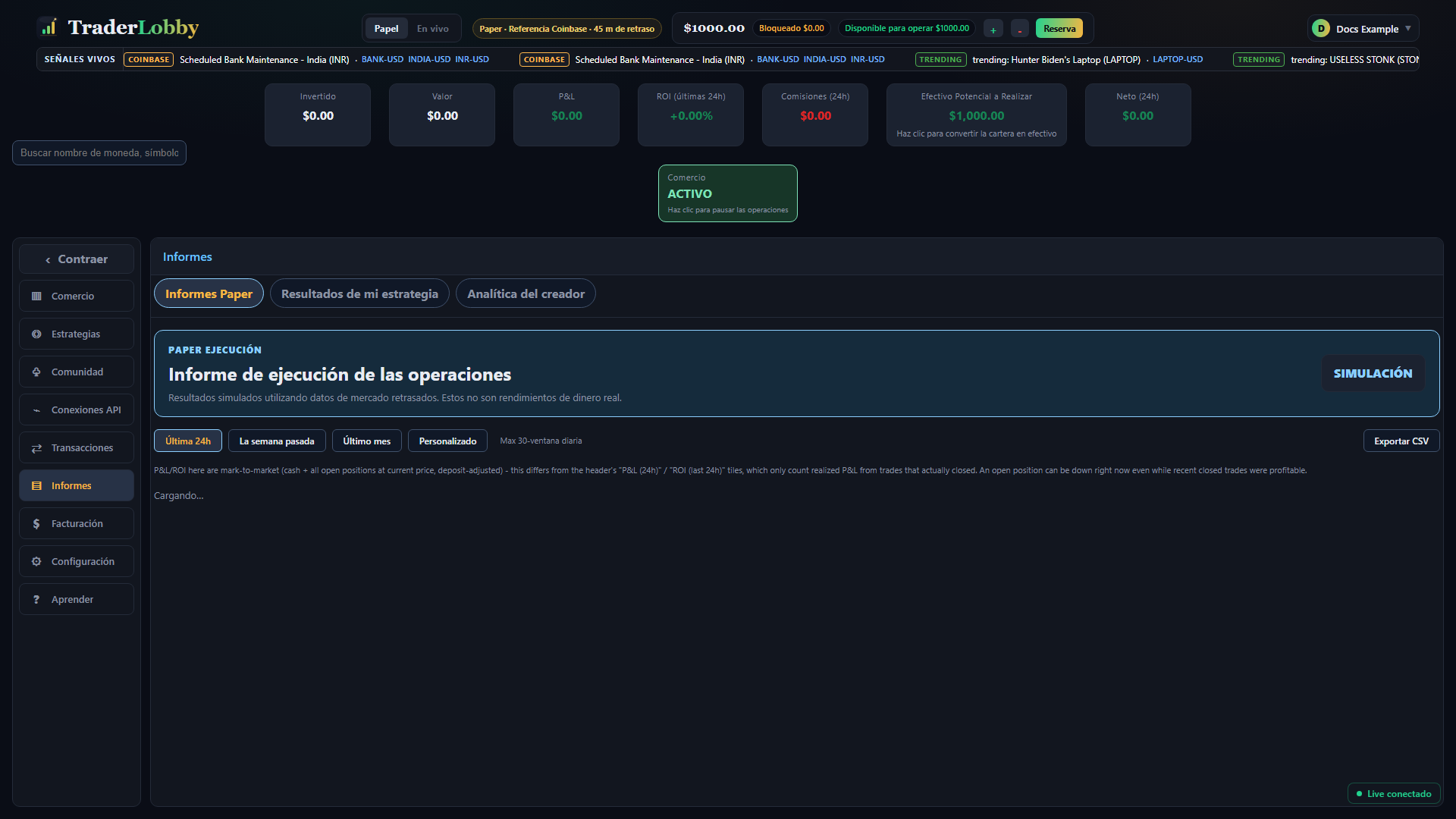 Página real de Informes de TraderLobby con controles de periodo, resúmenes y gráficas