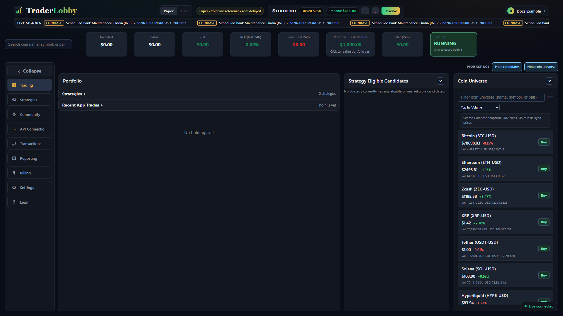 Actual TraderLobby Paper workspace showing the mode selector, account summary, navigation, Portfolio, eligible candidates, and Coin Universe