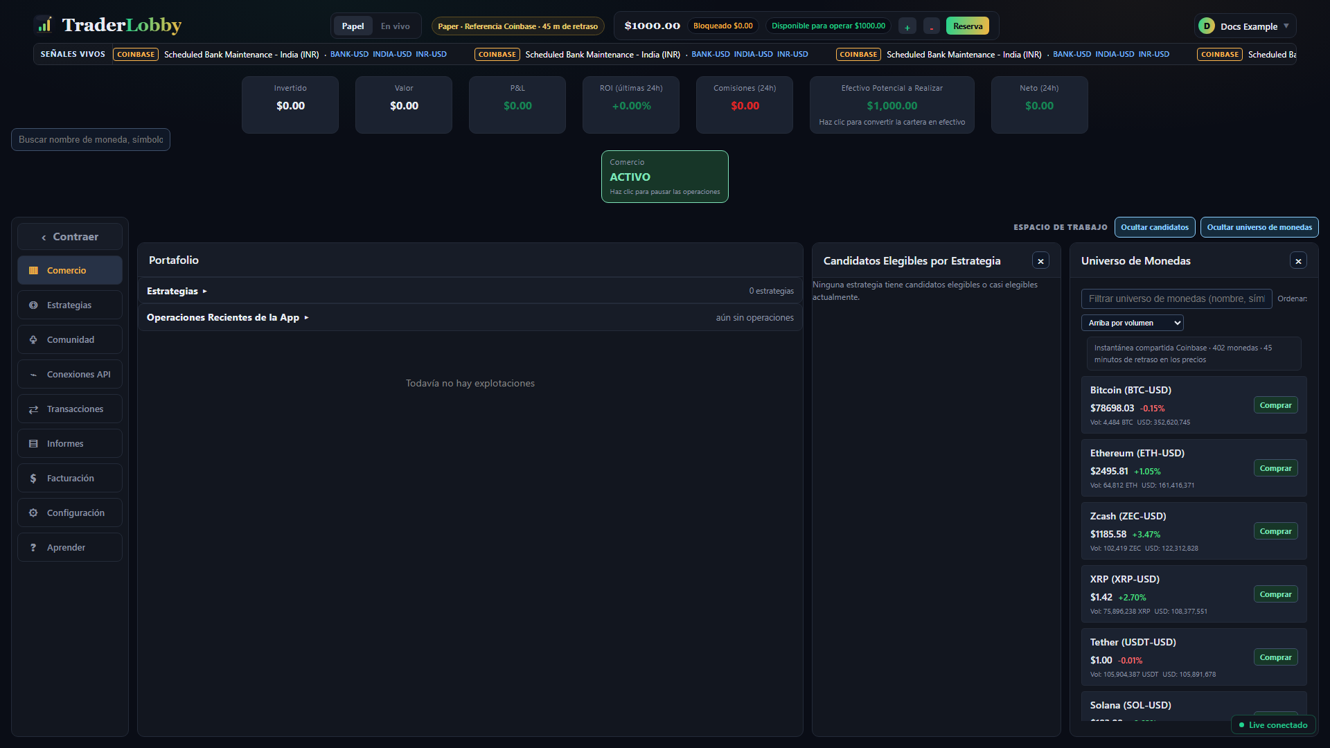 Espacio real de TraderLobby en modo Paper con selector de modo, resumen, navegación, Portafolio, candidatos y Universo de Monedas