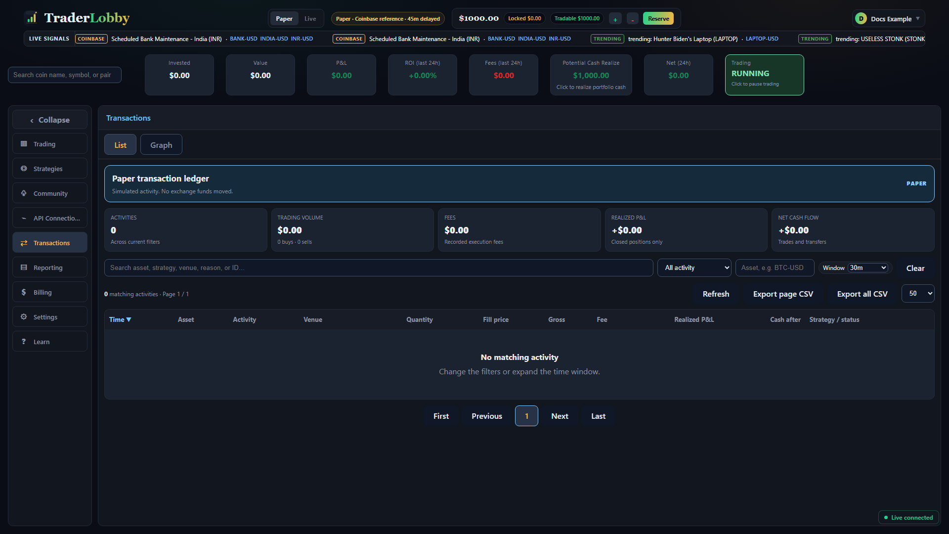 Actual TraderLobby Transactions page showing recorded order and fill activity